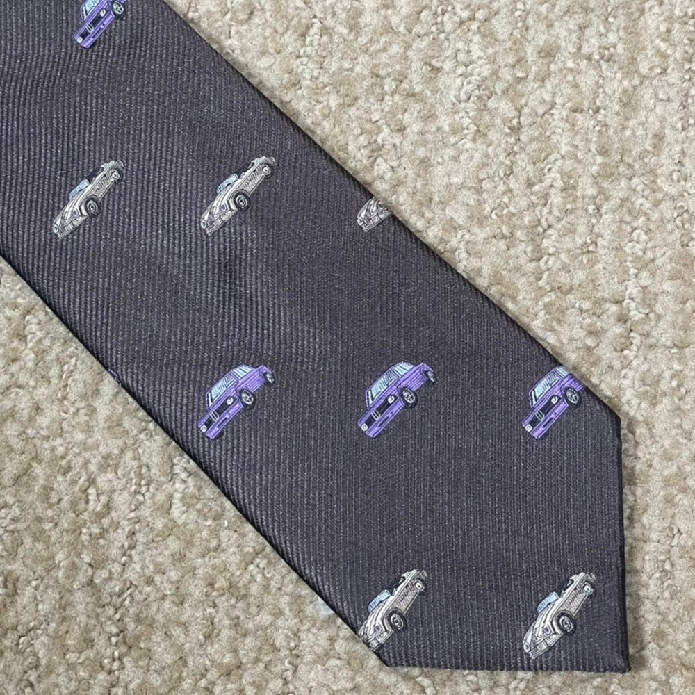 Rockin Sartorial Necktie Mens Navy Gray Silk Vintage Car Lover Whimsical AOP